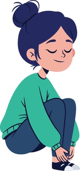 Young woman tying shoelaces sitting cross-legged in casual clothing illustration with blue hair and green sweater vector