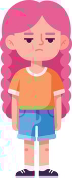 Sad girl with pink hair wearing orange shirt and blue shorts illustration with unhappy expression vector