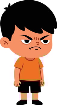 Angry boy cartoon character in orange shirt and black shorts with black hair illustration vector