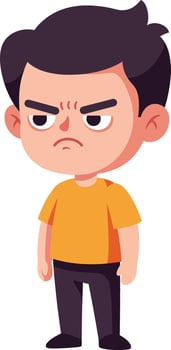 Angry little boy with black hair and orange shirt standing with clenched fists illustration vector