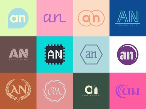AN logo template. Letter a and n logotype. Set different classic serif lettering and modern bold text with design elements. Initial font typography. vector