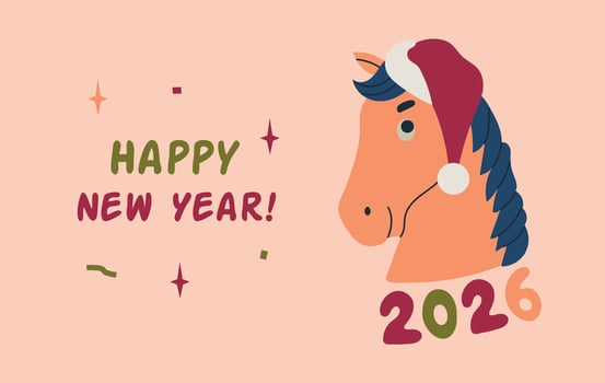 Happy New Year of the Horse 2026 card banner invitation poster with horse in Santa Claus hat vector
