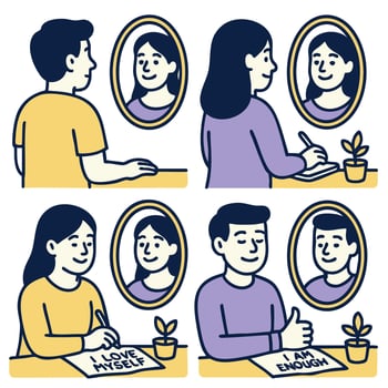 Self love illustration with positive affirmations and reflections mirror, promoting self vector