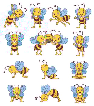 Twelve cartoon bees in various poses suitable for kids educational materials, yoga studios, health and wellness blogs, and childrens books. vector