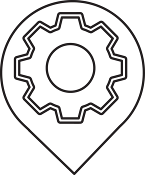 outline black and white map pin with a gear icon png