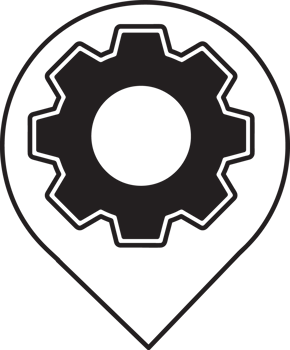 black and white map pin with a gear icon png