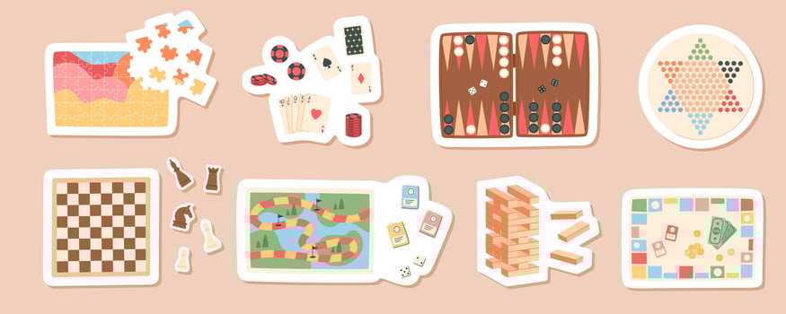 Flat cartoon sticker set with board games. Includes chess, card, jenga, table activities, and puzzle pieces. Fun collection of boardgame entertainment for kids, family leisure, and childhood vector