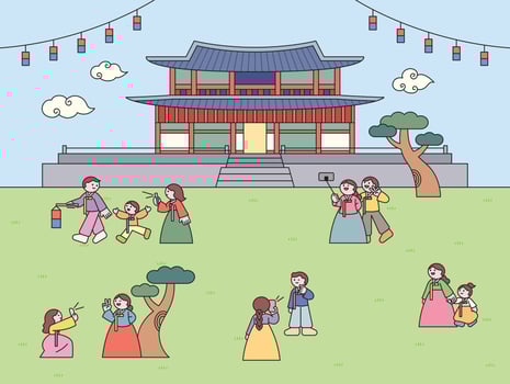 People wearing hanbok enjoying a traditional Korean festival in front of a palace. vector