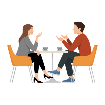 Two Individuals Engaged in Conversation at a Table with Coffee Cups in a Casual Setting on a transparent background png