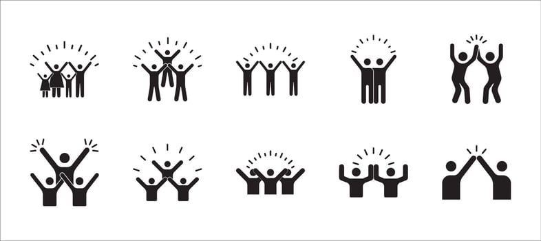 Black icon of happy people. Symbol of expression of joyful feeling, sign of partying friends, happy coworkers, illustration vector