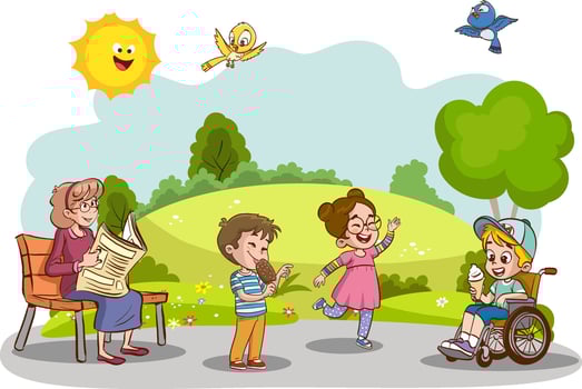 illustration of friends having fun together. Disabled children in wheelchair spending time with best friends. Handicapped person, cheerful children vector