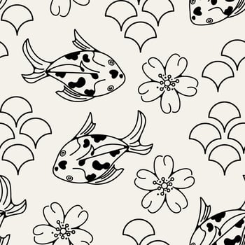 Koi Fish And Scale Motif Japan Sakura Seamless Pattern Outline Fish Japanese Floral Pattern. vector