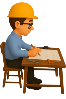 3D Architect Sitting at Desk Drawing Building Plan png