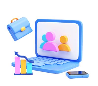 3D Business Teamwork and Growth Concept with Laptop, Chart, Briefcase, and Smartphone Icon Representing Online Collaboration png