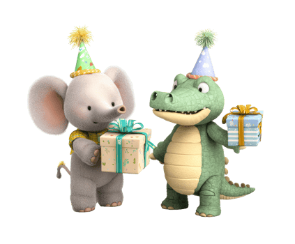 Birthday celebration with cute elephant and crocodile holding gifts png