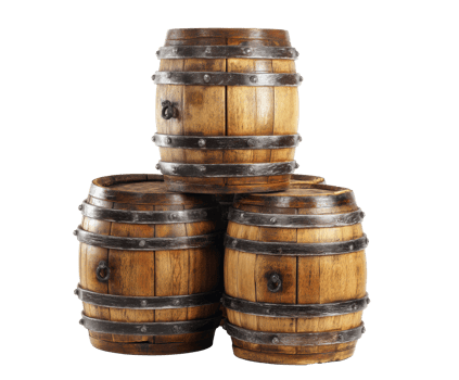 Rustic wooden barrels stacked in a decorative arrangement for design png