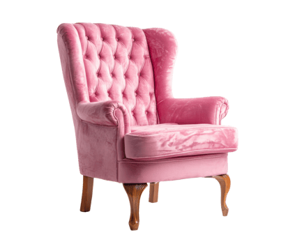 Elegant pink tufted armchair with wooden legs for stylish decor png