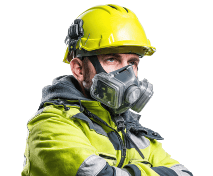 Construction worker wearing safety helmet and mask at work site png