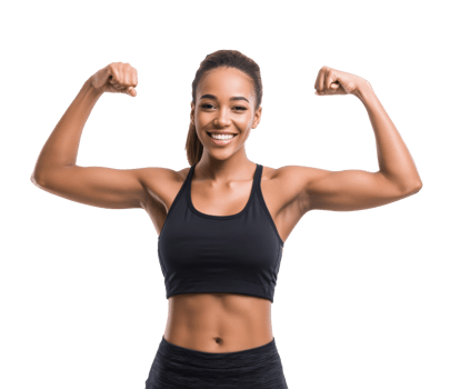 Confident woman showing strength in fitness attire with a smile png