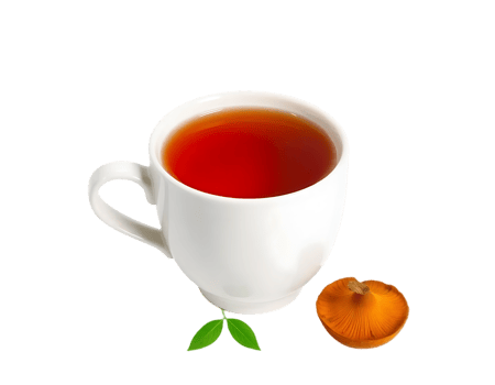 A cup of herbal tea with a chanterelle mushroom png