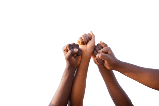 Four fists of African people united in sky, photo with transparent background and copy space. png