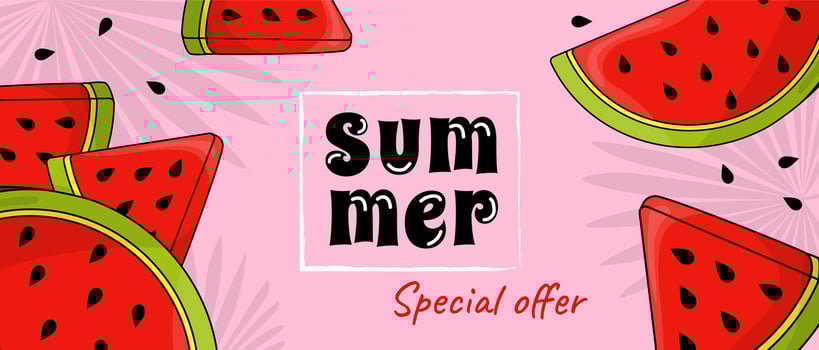 Summer horizontal sale banner. Shopping promotion poster template with cute colourful cartoon sweet and juicy watermelon slices and tropical palm leaf silhouettes decoration. illustration. vector