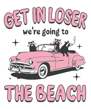 Funny Summer Raccoons in Pink Convertible Heading to the Beach Get in Looser png