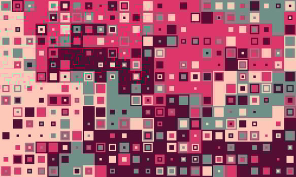 Abstract geometric background featuring a vibrant mosaic of squares in varying shades of pink, maroon, beige, and teal. Perfect for modern design projects, presentations, or website backgrounds. vector