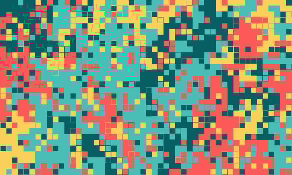 Vibrant abstract pixel art background. A dynamic mosaic of teal, coral, and gold squares creates a modern, energetic visual. vector