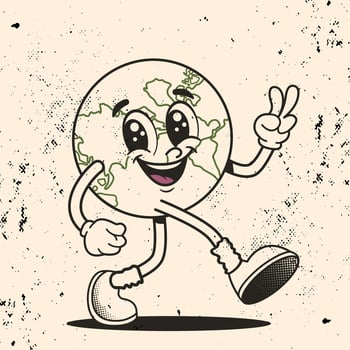 Planet Earth retro mascot with heartwarming smile and peace gesture. Surrounded by grunge vintage texture and Love Our Planet message perfect for Earth Day or eco posters. vector