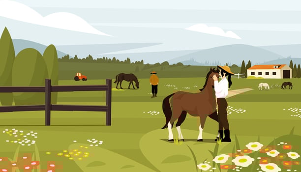 Woman caring for horse on farm field with grazing animals and scenic mountains. Rural lifestyle. Farm tourism eco ad, equestrian center. Flat colorful illustration vector