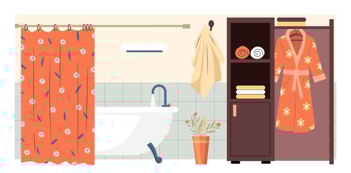 Bathroom with floral robe, towels and bathtub, shower curtain, cabinet, and potted plant. Personal care and bath comfort theme. Flat cartoon style. illustration vector
