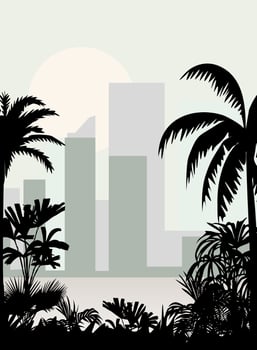City skyline landscape with palm tree silhouettes vector