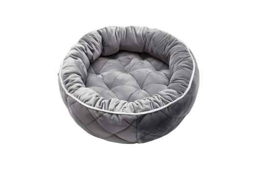 Gray quilted pet bed cozy round comfy dog cat sleeping nest png