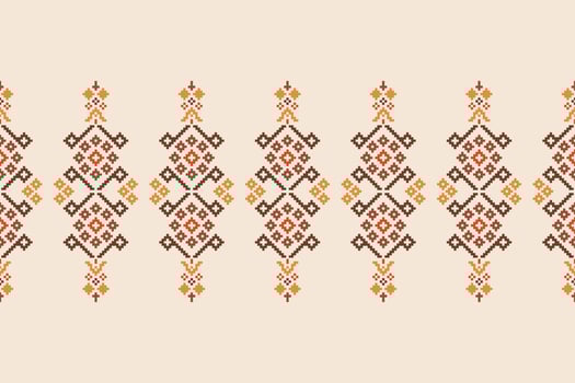 Design of ethnic cross stitch with brown cream white background decor fabric. vector