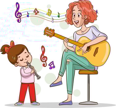 illustration of young female music teacher playing music with her student. Having fun at music lessons. vector
