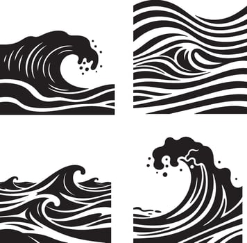 A clear detailed collection of four artistic ocean wave illustrations, each uniquely styled with dynamic curves and foamy crests. The artwork includes stylized depictions of crashing waves set vector