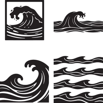 A very detailed collection of four artistic ocean wave illustrations, each uniquely styled with dynamic curves and foamy crests. The artwork includes stylized depictions of crashing waves, some set. vector