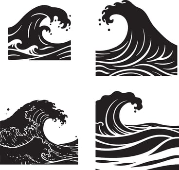 A detailed collection of four artistic ocean wave illustrations, each uniquely styled with dynamic curves and foamy crests. The artwork includes stylized depictions of crashing waves classic set. vector