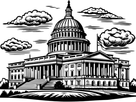 Black and White Illustration of the Capitol Building with Clouds vector