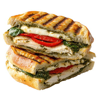 Delicious grilled chicken sandwich with mozzarella and a layer of basil pesto with bread png