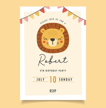 Birthday party Invitation, Birthday lion animal, cake, gifts, boy party invitation vector