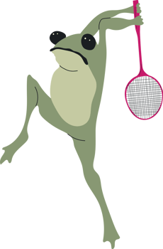Cute cartoon frog gripping a badminton racket and shuttlecock png