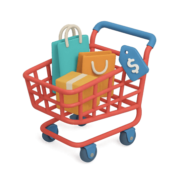 3D Isometric online shopping cart with products inside png