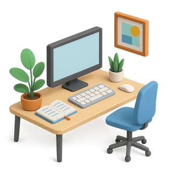 3D Isometric office workspace with plants and modern decor png