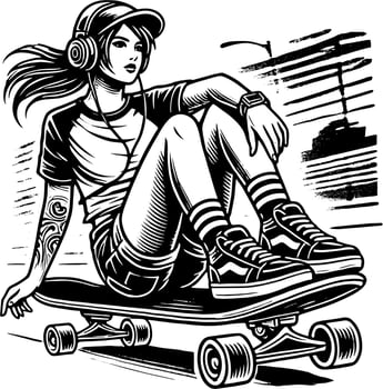 A Young Female Skateboarder Cruising on Their Board While Listening To Music, Black And White Skater Silhouette vector
