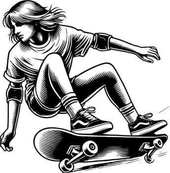 A Young Female Skateboarder Riding Their Board, Black And White Skater Silhouette vector