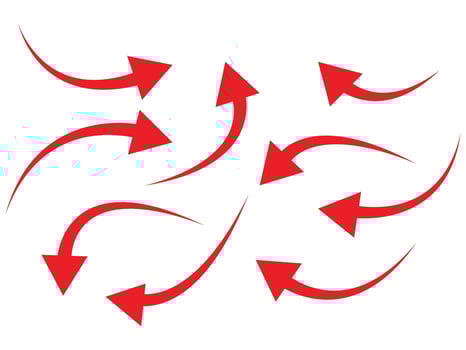 Collection of red curved arrow symbol, direction arrow set illustration on white background. Curved arrow icon set vector