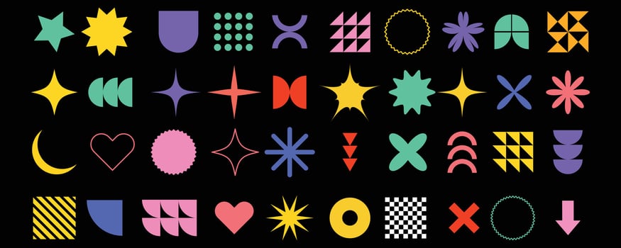 set of brutalist geometric shapes. Trendy abstract minimalist figures, stars, flowers, circles. Set of geometric brutalism shapes.Abstract geometric brutalist elements vector