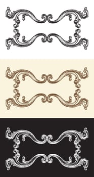 Collection of elegant, royal, stylish, scroll design elements. Vintage baroque ornament. Hand drawing swirl retro pattern, illustration for wedding decoration, cards, invitation vector